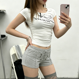 Y2K Mid Rise Button Tab <b>Drawstring</b> Breathable Polyester/Cotton Hot Shorts Women Summer Casual Street Style - Product Image 4