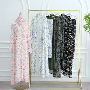 Mùa hè ramadan voan khiêm tốn abaya phụ nữ hồi giáo ăn mặc hai mảnh thiết lập phía trước mở in Kimono abaya với phù hợp với khăn trùm đầu khăn - Product Image 6