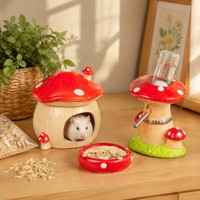 Cachette en céramique rouge pour hamster, design champignon, maison-caverne pour petits animaux avec bouteille d'eau et bol de nourriture inclus pour animaux de compagnie