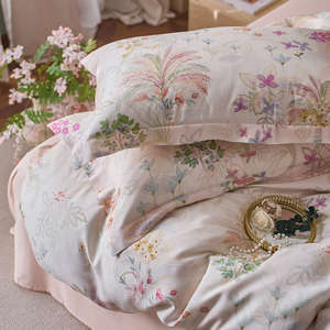 Parure de lit quatre pièces en Tencel, coton et lin, imprimé floral frais, teinture réactive, style drap, pour toutes les saisons - Product Image 4