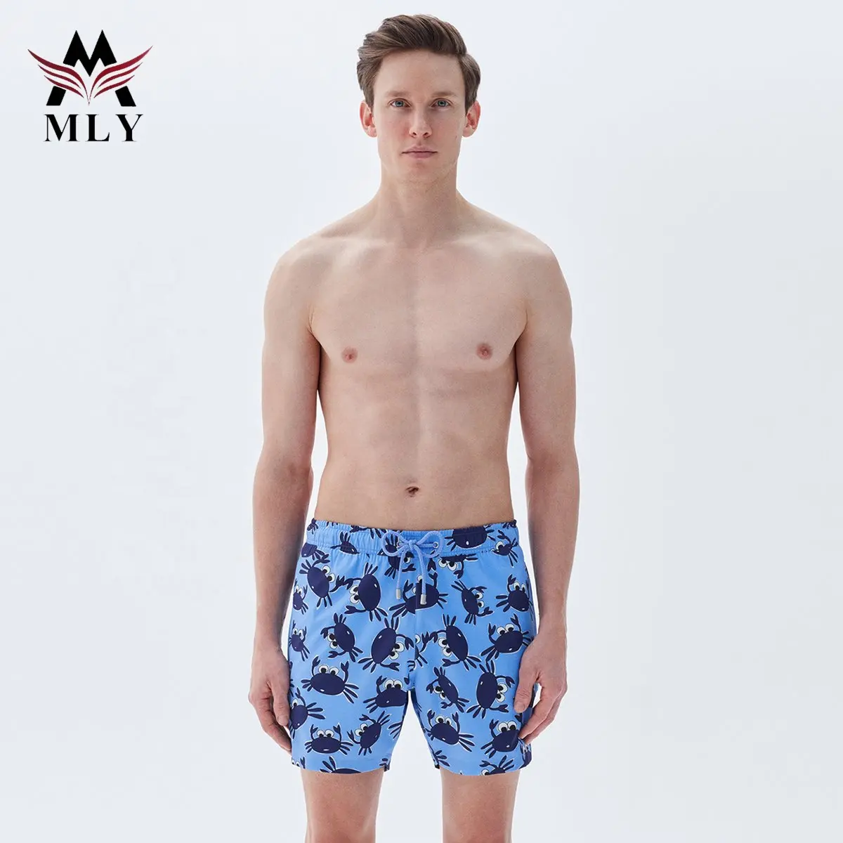 Bañadores personalizados para hombre, pantalones cortos de natación con estampado azul, nuevo estilo, 2023