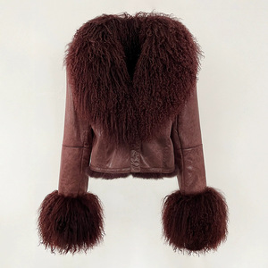 Giacca di lusso in vera pelle di pecora corta morbida grande collo di <span class=keywords><strong>pelliccia</strong></span> di agnello mongolo personalizzato da donna invernale cappotti in pelle scamosciata - Product Image 2