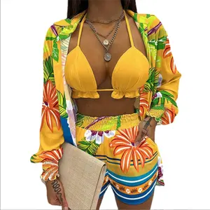 Women's summer new sexy suspender top printed shorts shirt set of three