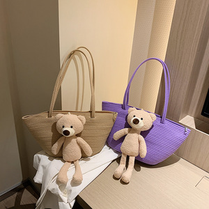 Sac fourre-tout tissé avec décoration ours en peluche, grande capacité, coton et lin, pour le quotidien printemps-été - Product Image 1