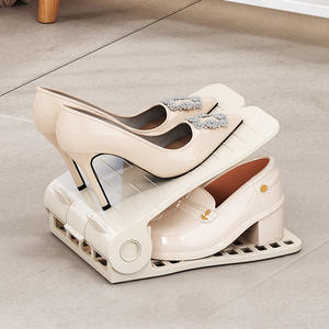 Étagère à chaussures réglable à double niveau, support de rangement en plastique blanc et gris, type rectangulaire sur pied pour usage domestique - Product Image 4