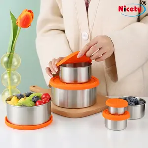 Contenitore per il pranzo con coperchio in Silicone contenitore impilabile per Snack rotondi contenitori per alimenti 4 pezzi set di scatole per il pranzo in metallo in acciaio inossidabile