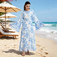 Abaya en Chiffon Imprimé Floral pour Femmes Musulmanes Adultes, Design Personnalisé Accepté, Deux Couches, Manches Bouffantes, Ceinture à Nouer à la Taille, Style Casual