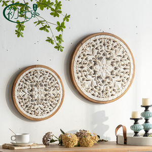 Décoration murale en bois creux de style américain, design floral circulaire, couleur rétro, pour entrée et décoration intérieure - Product Image 1