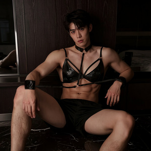 Crossdressing Men's Patent Leather Three-Piece Bikini Lingerie Set, Sexy and Restrained Style, Flirting Male Servant Uniform - Product Image 4