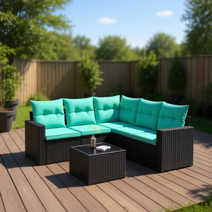 ชุดโซฟาลานบ้านหวายโพลีสีดำ 6 ชิ้นพร้อมเบาะรองนั่ง เฟอร์นิเจอร์กลางแจ้งสำหรับ 6 คน ดีไซน์ร่วมสมัย สไตล์โมเดิร์น - Product Image 2