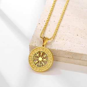 Collar con <span class=keywords><strong>Runas</strong></span> <span class=keywords><strong>Vikingas</strong></span> Nórdicas <span class=keywords><strong>de</strong></span> Acero Inoxidable Chapado en Oro <span class=keywords><strong>de</strong></span> 18k PVD para Hombre, Collar con Moneda <span class=keywords><strong>de</strong></span> Viaje, Joyería con Brújula Nórdica, Amuleto <span class=keywords><strong>de</strong></span> <span class=keywords><strong>la</strong></span> <span class=keywords><strong>Suerte</strong></span> - Product Image 2