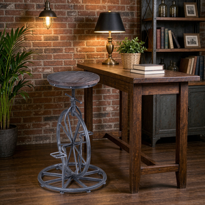 Sgabello da Bar Moderno in <span class=keywords><strong>Legno</strong></span> e <span class=keywords><strong>Ferro</strong></span> con Seduta Rotonda in <span class=keywords><strong>Legno</strong></span>, Design Ispirato alle Biciclette Commerciali - Product Image 3