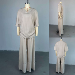 Neueste Design Mode Damen Kleidung Boutique Street Wear Kurzarm Stripped V-Ausschnitt Shirt und Wide Leg Pant 2-teiliges Set - Product Image 6