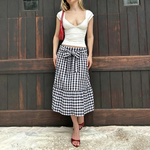 Summer Casual Vacation Style Black White Checkered Bow <b>Tie</b> Skirt A Line Long Skirt holiday beach skirt - Product Image 4