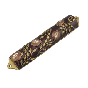 Gold Brown Pomegranate Design Metal Alloy Mezuzah Case With Clear Rhinestones Inlaid