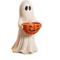 Statue en résine peinte à la main, motif citrouille fantôme d'Halloween, servant de bol à bonbons, d'ornement de table, de support de rangement pour fêtes et de cadeau