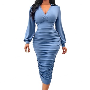 Vestidos de Mujer al por Mayor, Personalizados, OEM, de Alta Calidad, Vestido Casual Sexy, Color Sólido, Cuello en V, Cintura Ajustada, Manga Larga - Product Image 1