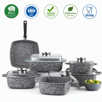 Peralatan masak dapur model klasik, peralatan masak dapur 6 potong lapis batu marmer granit aluminium dengan tutup kaca dan panci bawah induksi