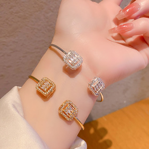 <b>Copper</b> Zircon <b>Bangle</b> Geometric Design Adjustable Opening Gold And White Micro Insert Jewelry Spring 2025 - Product Image 1