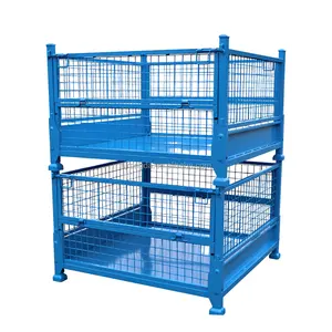 Cage empilable résistante de palette de stockage d'entrepôt de pliage d'acier en métal de boîte de conteneur de palette