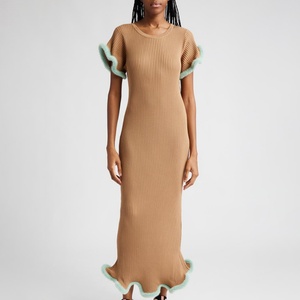 Vestido casual de punto ajustado con cuello redondo y mangas cortas con volantes para mujer - Product Image 1