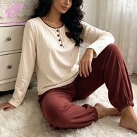 Loveda Vente Flash Ensemble de Pyjama Femme en Polaire à Rayures Côtelées avec Broderie Cœur, Haut à Manches Longues et Pantalon Droit
