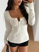 Pull tricoté à manches longues pour femme 2026, épaisseur standard, style décontracté, coupe ajustée, sexy avec détails boutonnés (personnalisable)