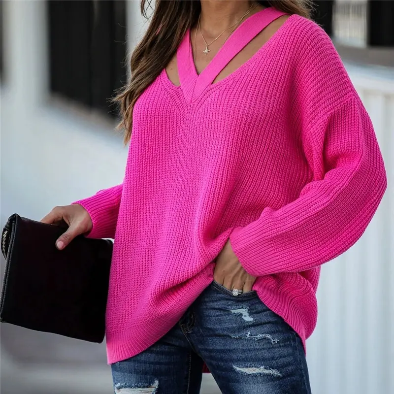 Wholesale V Neck Sweater Women Jumper Ladies Knit Plus Size Sweaters For Women Long Sleeve Loose Knitted Sweater Female Fashion