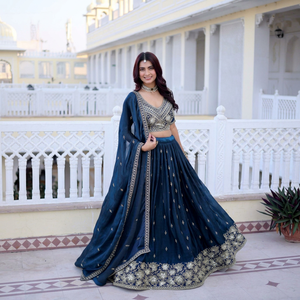 Blue Embroidered Floor-Length Quick Dry Regular Fit <b>Lehenga</b> Choli Faux Georgette Ethnic Wear Set for Wedding Party <b>Women</b> All - Product Image 1