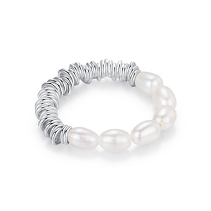 S925 Silver Freshwater Pearl & Crushed Silver <b>Stretch</b> Irregular Baroque Pearl Beaded Elastic <b>Ring</b> for Women - Product Image 1