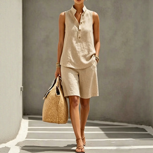 Women's <b>Linen</b> Sleeveless Top And Shorts <b>Set</b> Solid Color Casual Suit For Europe And America Smlxlxxlxxxl - Product Image 1
