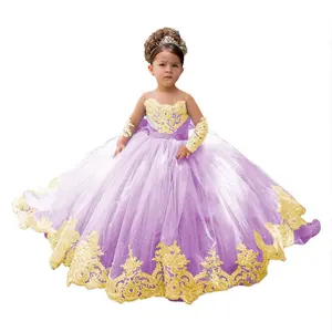 <span class=keywords><strong>Vestidos</strong></span> de Niña de las Flores con Apliques de Encaje Dorado <span class=keywords><strong>para</strong></span> Boda, Mangas Largas, Estilo Princesa, Vestido de <span class=keywords><strong>Primera</strong></span> <span class=keywords><strong>Comunión</strong></span> <span class=keywords><strong>para</strong></span> Niñas Pequeñas, Traje Largo <span class=keywords><strong>para</strong></span> Fiesta de Cumpleaños - Product Image 3