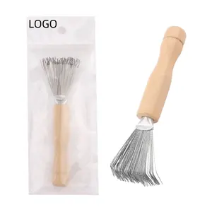 Hair Brush Cleaner Tool Cleaning Comb Cleaner Brushes Mini Hair Dirt Remover Brush Metal Wire Rake Wooden Handle for Women