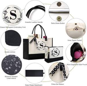 Grande Tote Bag in tela bianca e nera per regali personalizzati per la festa della mamma, borsa <span class=keywords><strong>con</strong></span> cerniera <span class=keywords><strong>con</strong></span> <span class=keywords><strong>iniziali</strong></span> <span class=keywords><strong>ricamate</strong></span>, manico in pelle - Product Image 4