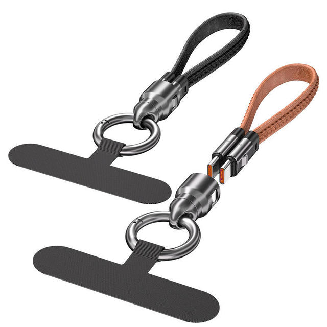 Leather Lanyard Micro USB to Micro USB 0.22m Fast Charging Metal Case Portable Bullet Head Data Cable for IOS & Android