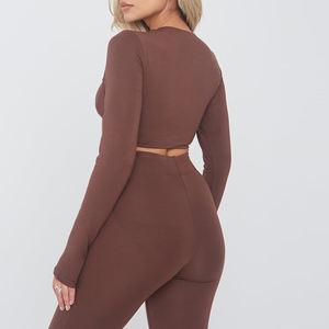 Gym Active vêtements femmes grandes tailles Sexy Vintage chocolat personnalisé manches longues chemises torsadées - Product Image 5