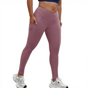 High Waist Solid Color Yoga <b>Leggings</b> With Pockets Full Length Seamless Four-Way Stretch Spandex <b>Nylon</b> Pants - Product Image 3