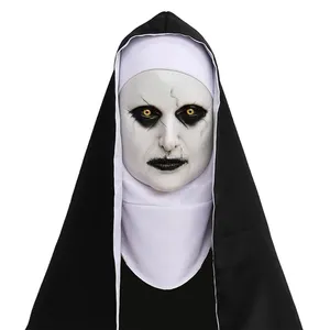 Hot Sale Evil Nun Costume Mask with Headscarf Soft Latex Horror Masquerade Disguise Woman Full Head Halloween Mask