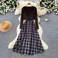 Ensemble deux pièces pour femme, robe à carreaux vintage preppy et cardigan en tricot, pour l'automne, tenue de travail