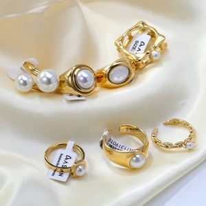 Stainless Steel Jewelry 18K Gold Plated Shell <b>Pearl</b> <b>Rings</b> Set Chunky Open <b>Rings</b> Geometric Minimalist <b>Rings</b> for Women Fashion - Product Image 1