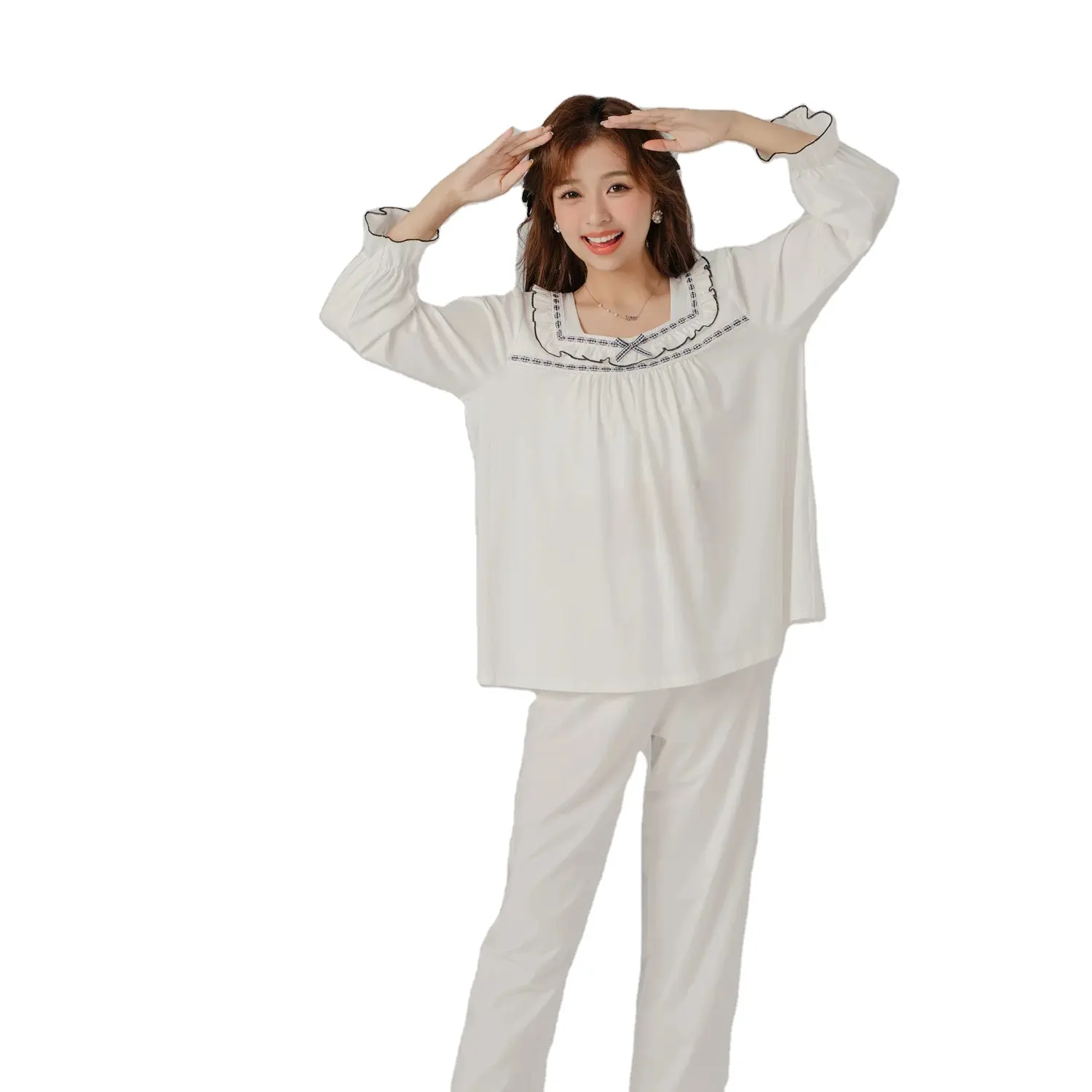 달콤한 사랑스러운 바람 긴 소매 및 바지 간단한 느슨한 편안한 여성 잠옷 세트 홈웨어 일본과 한국 레이스 메쉬