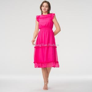 Robe midi d'été personnalisée pour femme 2025, 100 % coton, sans manches, décontractée et tendance avec volants, motif uni tissé, offre spéciale - Product Image 1