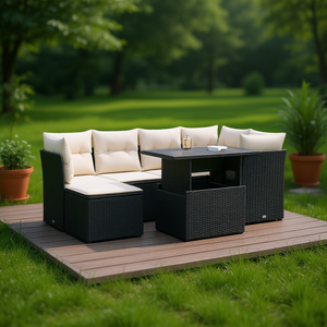 Ensemble de canapés de jardin en rotin noir avec coussins crème, mobilier d'extérieur au design contemporain, résistant à l'eau et aux UV, en osier PE - Product Image 2