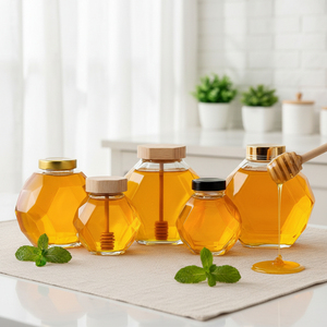 Tarro de miel hexagonal transparente de vidrio con cuchara de madera y tapón de bambú, tamaños de 150ml a 500ml para almacenamiento de alimentos, pasteles y azúcar - Product Image 6