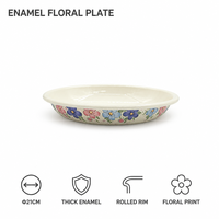 Assiette Senny 21 cm à bord roulé en émail épais, motif floral estival, pour pâtes et salades, vente en gros usine