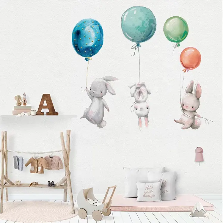 Hot sale Sweet Pink Bunny rabbit colourful balloon Wall Stickers for Kids Girls Room