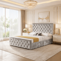 Cadre de lit capitonné en velours gris de luxe avec tête de lit haute et boutons capitonnés, lit moderne en velours, mobilier de chambre à coucher taille King