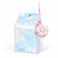 Sac de présentation en PVC transparent motif carton de lait, avec dessus festonné, fermeture à pression, breloque fleur, sangle de suspension, résistant à l'eau, cadeau Kawaii, vente en gros