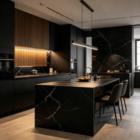 Ensemble d'armoires de cuisine modernes de luxe en bois massif cannelé, avec charnières, robinet, plan de travail en marbre noir mat, évier personnalisé en noyer foncé, durable