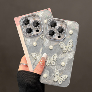 Sang Trọng Tự Làm Bướm Phụ Nữ Điện Thoại Di Động Trường Hợp Đối Với iPhone 16 15 Pro Max 14 Cộng Với 13 12 11 Sáng Bóng Lông Sợi Vỏ Funda Cover Quay Lại - Product Image 3